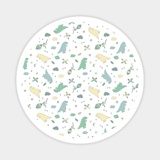 Children's pattern with dinos, airplanes, clouds, stars for fashion clothes, shirt, fabric. Magnet